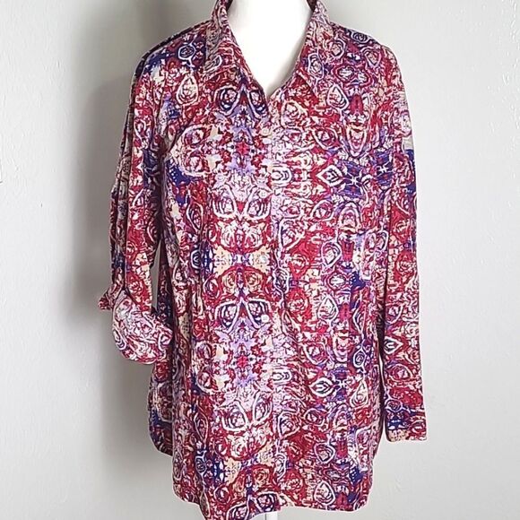Catherines Red, White & Blue Print Lobgsleeve Buttondown Top, Size 1X - Picture 1 of 8